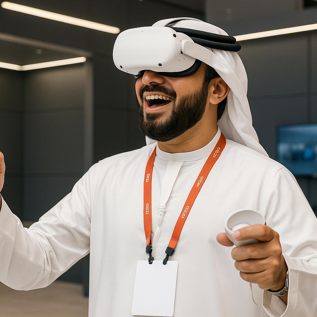 Emirati man wearing VR headset, immersed in virtual reality gaming experience, promoting VR game rental and development services by mirrorboothdubai.com in Dubai